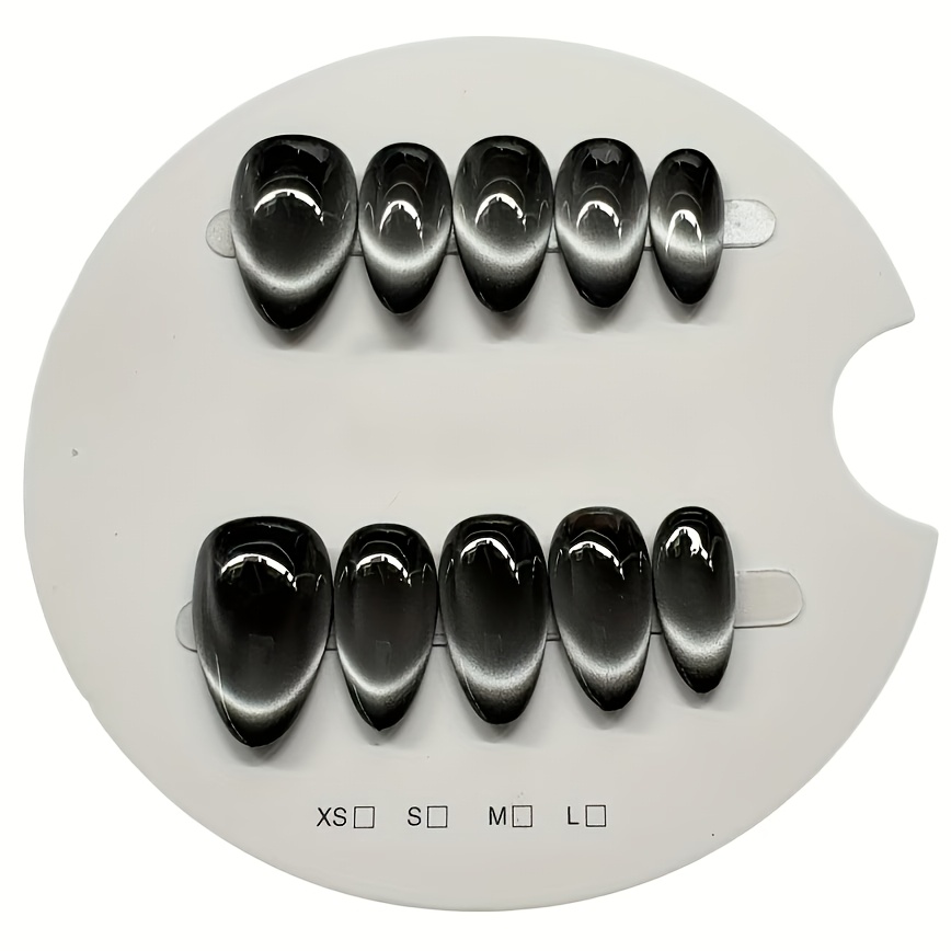 TEMU 10 Stk. handgefertigte Katzenauge-Künstliche-Nägel in schwarz-silbrigem Farbverlauf mit glänzendem Finish, mittlere Mandelform, mehrere Größen,