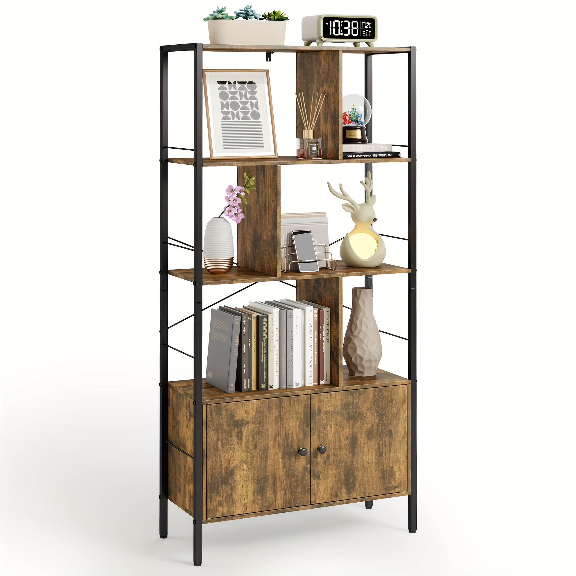 Image of Open Shelf Unit With Base Cabinet Doors, Irregular Shelving Layout, Adjustable Feet, Suitable For Offices, Living Rooms, And Studies, Office Shelves, Office Bookshelf, Office Storage