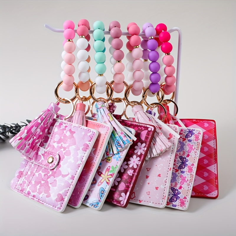 

Chic Pink-themed Leather & Silicone Beaded Keychain With Tassel - Multi-use Wallet & Card Holder - Ideal Valentine's Day Gift For Her