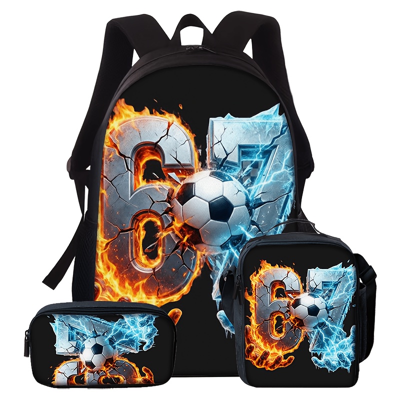 TEMU 3pcs Backpack Set: Flame Hand And Frost Hand Holding A Soccer Ball With Cracked Number 67 Print, Stylish Printed School Bag, Includes Large