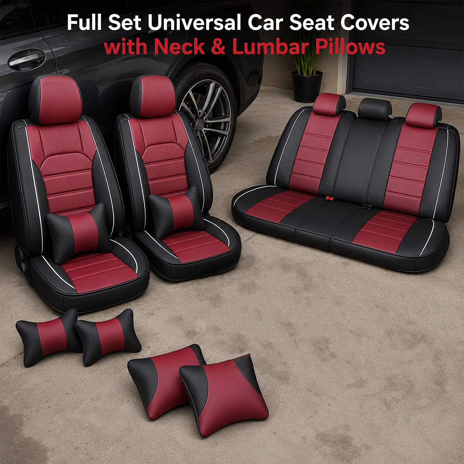 Image of Car Seat Covers Full Set Faux Leather Car Seat Covers, Universal Fit Front And Rear Seat Covers With Lumbar Support And Neck Pillows