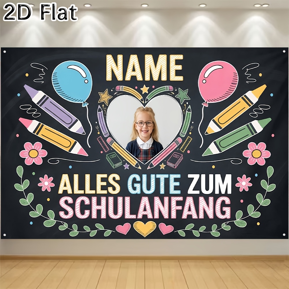 TEMU 2D Flat - 2D Flat - [2D Flat] . Partybanner, benutzerdefiniertes Foto, Name, wunderschönes, farbenfrohes Ballon, Bleistift- und Blumenmuster,