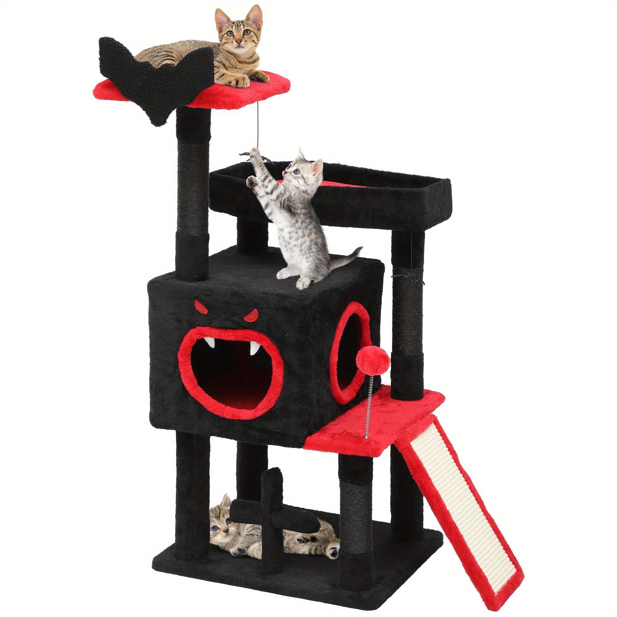 E-shop Gothic XL Kratzbaum, 160 cm hoch, stabiler Katzenbaum für große Katzen mit 4 Sisalpfosten, 1 Kratzbrett, 1 Hängematte, 2 Spinnenhängebälle,