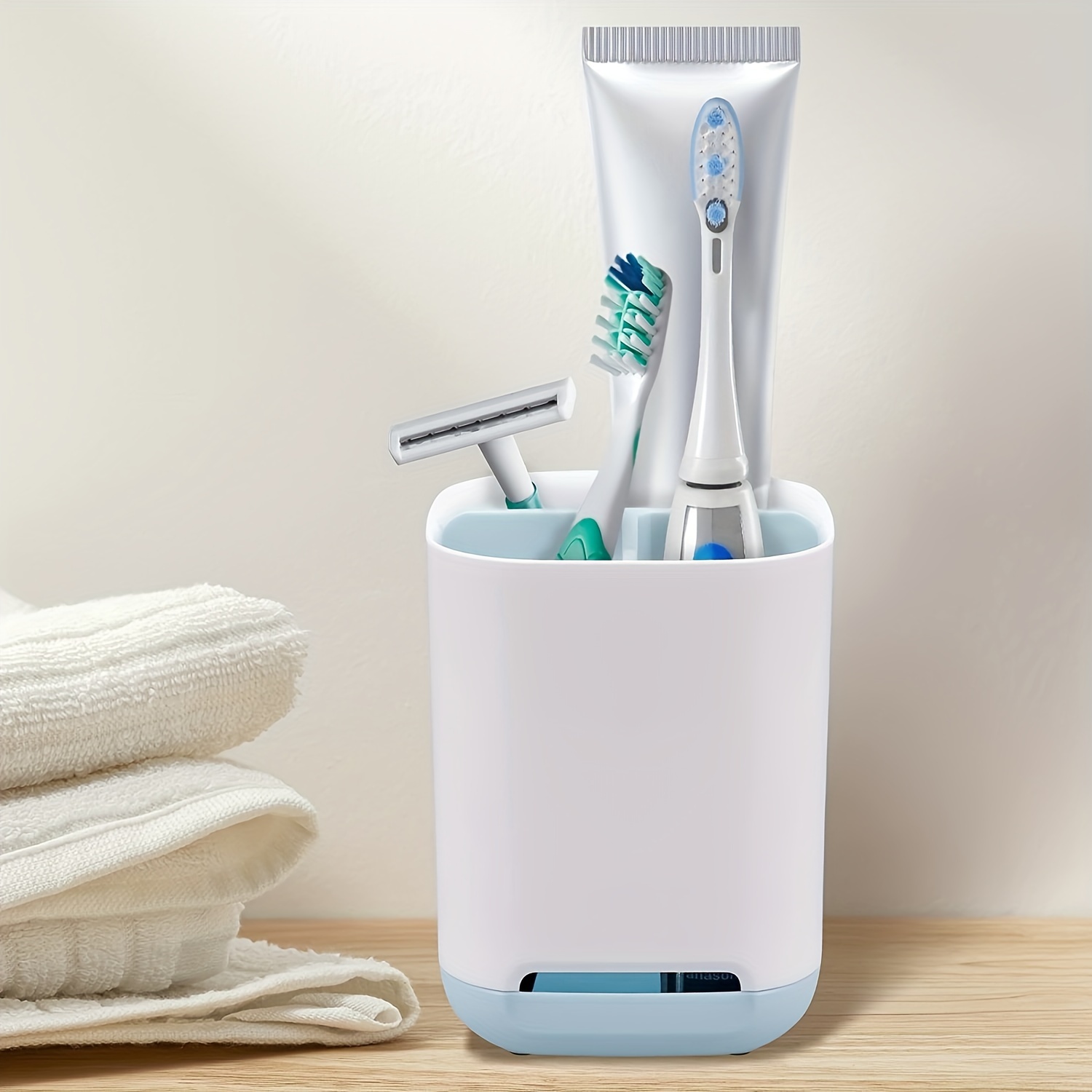 

Abs All-in-one Personal Care Organizer - Toothbrush, Toothpaste, Razor, And Makeup Brush Holder With Removable Divider And Draining Tray