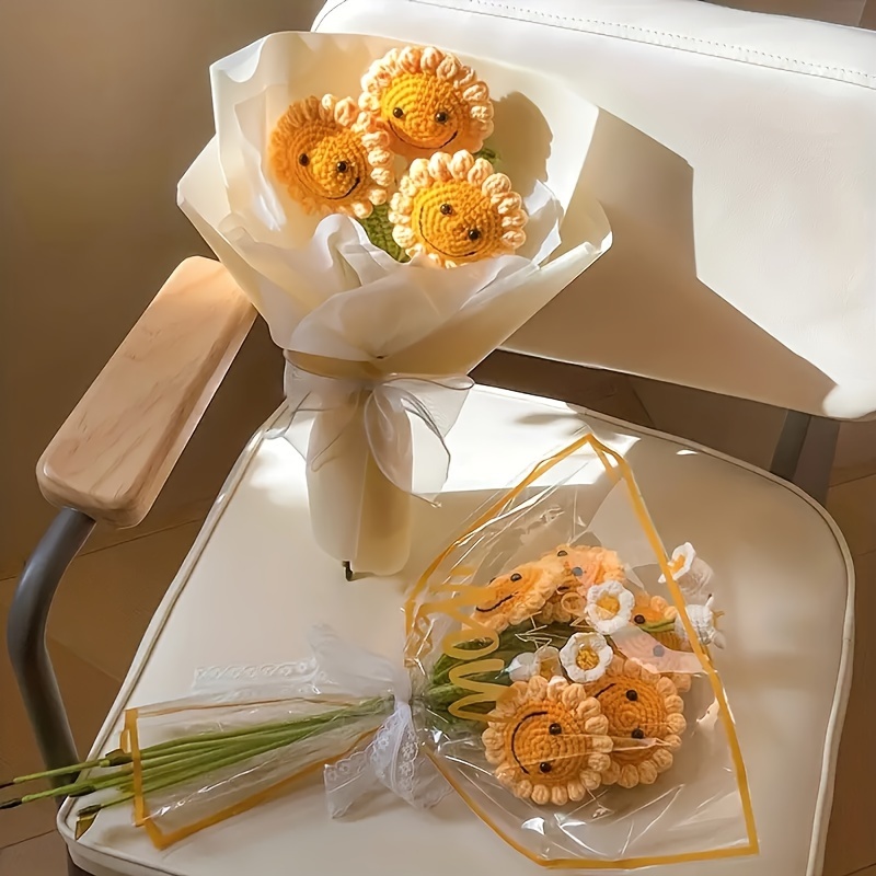 

2/3pcs Faux Handmade Sunflower Bouquet - For Wedding Decoration, Homemade Birthday Gift, Holiday Universal Gift With Smile Crochet Flower
