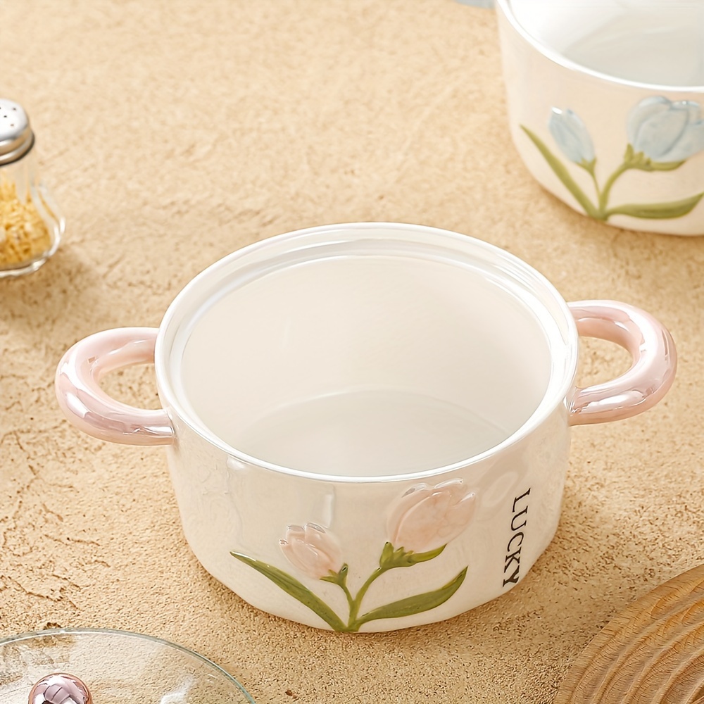 1Pc Ceramic Bowl With Lid Pearl Glazed Tulip Double Ear   Creative And Cute Soup Bowl Rice Bowl Instant Noodle Bowl Fruit Bowl Used For   And Restaurant   Kitchen Supplies Tableware Accessories Product Details 3