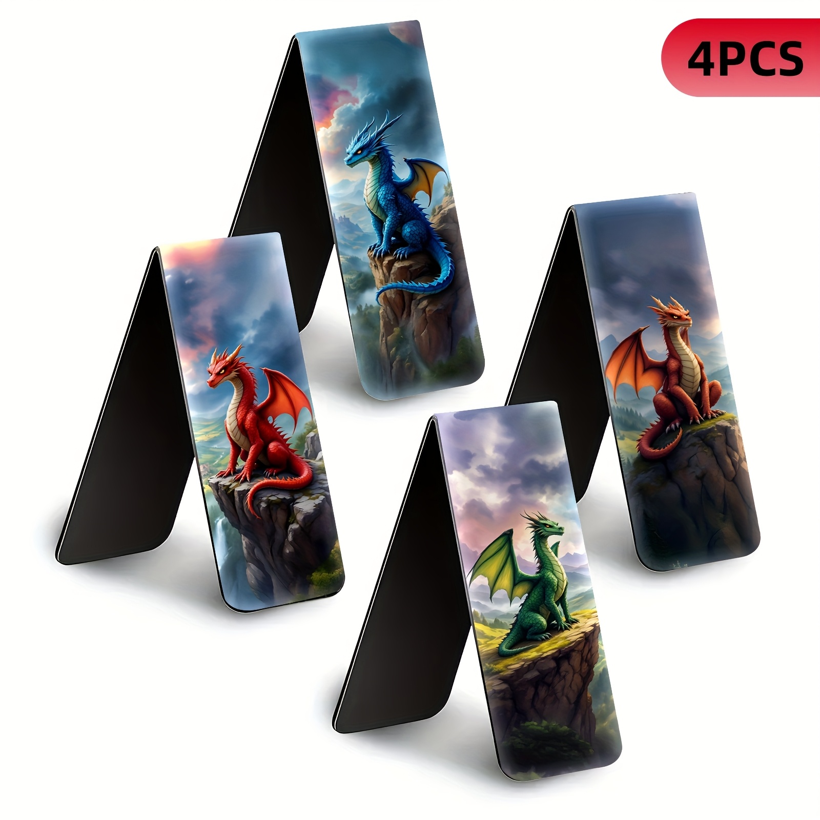 Image of 4pcs Magnetic Bookmarks | Folded Page Markers | Dragons Of Fantasy | Book Clips For Teachers Book Lovers | Great For Journals, Planners, Office Use Reading Additions Gift Stationery