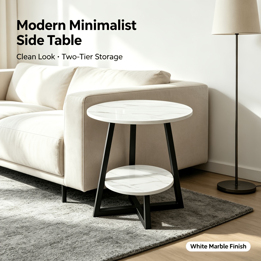 TEMU Multi Purpose 2 Tier Round Coffee Table With Heavy Duty Construction And Smooth Marble Effect Top Stylish Storage End Table For Living Room