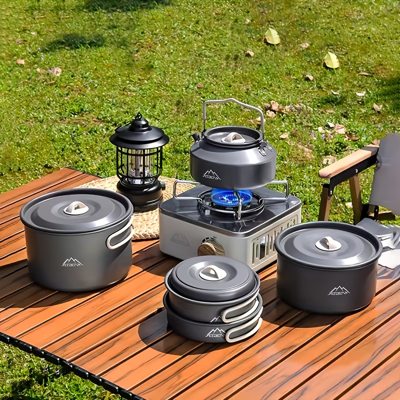 * 9-teiliges Camping Kochgeschirr Set | Faltbare und tragbare Aufbewahrung  | * fr 4 Personen fr Wandern, Camping, Wohnmobil und Picknicks | Topf,  Pfanne, Wasserkocher und * | Grau-Wei