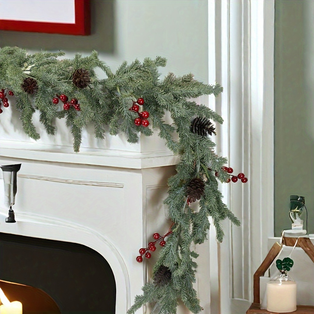 1pc Artificial Cedar Pine Garland With Red Berries And Pinecones, Designed To Realistic Winter Foliage, Perfect For Decorating Holiday Mantels, Fireplaces, And Table Centerpieces For Christmas