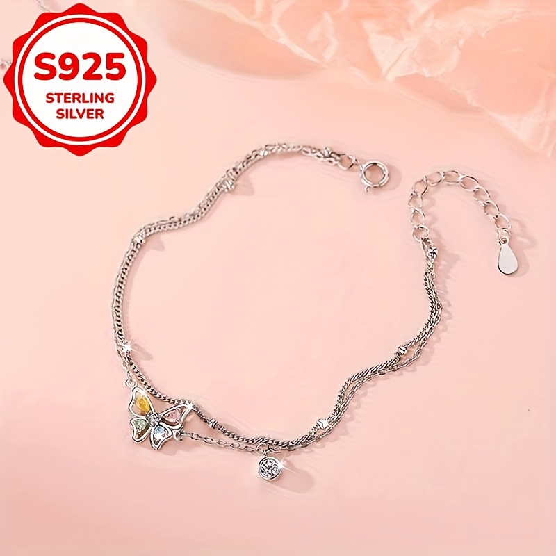Women's S925 Sterling Silver Rhinestone Butterfly Finger Chain, Hypoallergenic