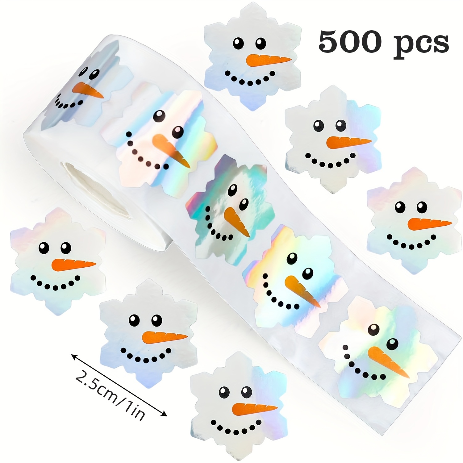 Image of 500 Sheets/roll Holographic Laser Snowman Doodle Stickers, Silvery Laser Envelope Magazine Decoration, Holiday Party Diy Decorations, Christmas New Year Pvc Adhesive Stickers