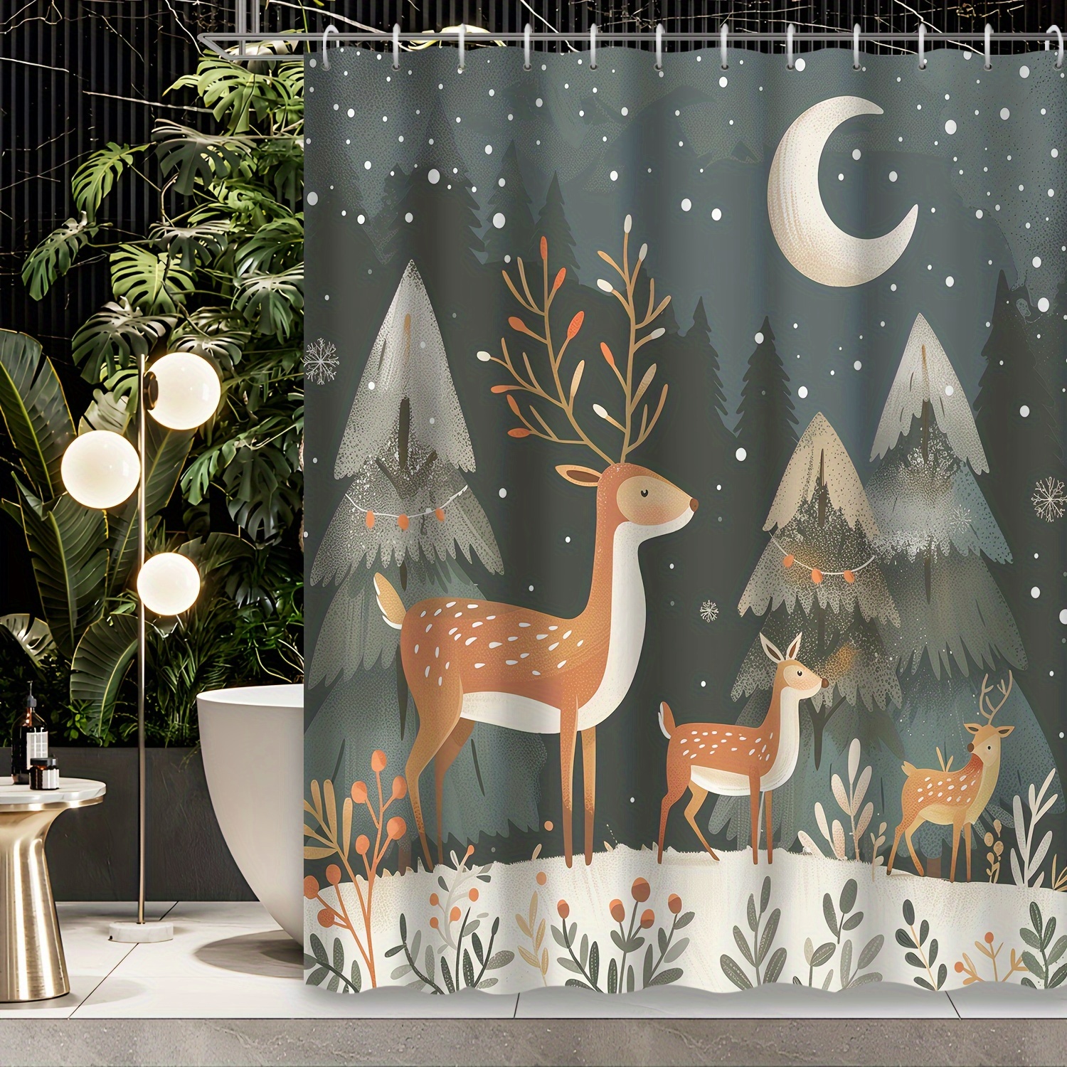 

1pcs Christmas Decorative Cartoon Winter Scene Reindeer Pine Snowflakes Shower Curtain With 12 Hooks, Water-resistant Polyester Bathroom Decor, Machine Washable Grommet Top Curtain For All