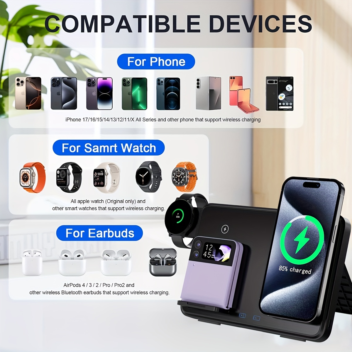 The New Magnetic Three-in-one Dual Mobile Phone Wireless Charger Is A Foldable Magnetic Wireless Charger That Charges Instantly When Placed In The Charger. It Supports Charging Two Mobile Phones At The Same Time. Smartphones/smart Watches/wireless