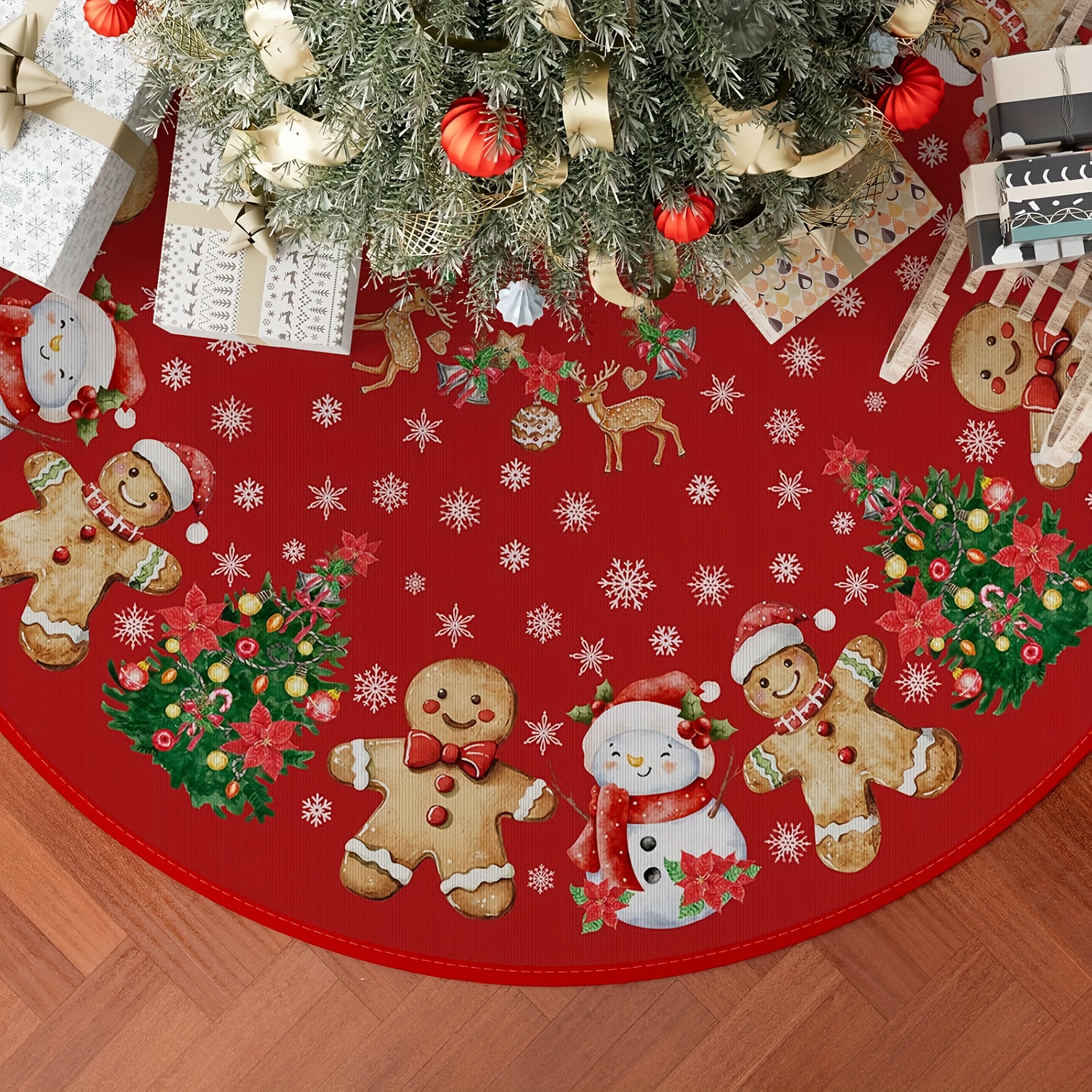 TEMU 1pc, Gingerbread For Man Snowman Deer Snowflake Christmas Tree Skirt Christmas Party Decorations For Home Holiday Winter Indoor