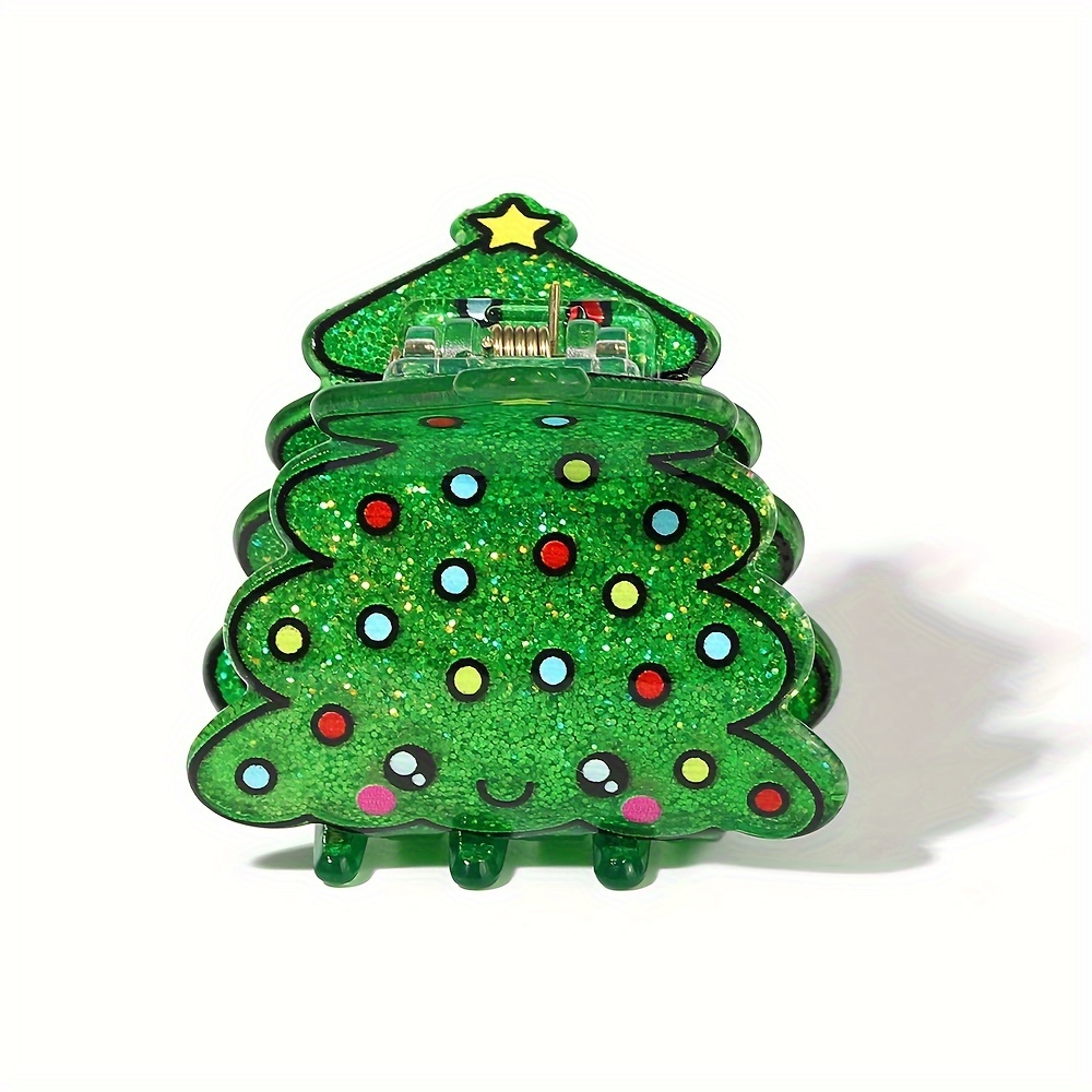 TEMU Christmas Tree Hair Clip - Acrylic Sparkly Green With Cute Cartoon Decor, Bohemian Style Oval Shaped, Non-slip Grip Hair Accessory For Teens And Adults, Single Piece