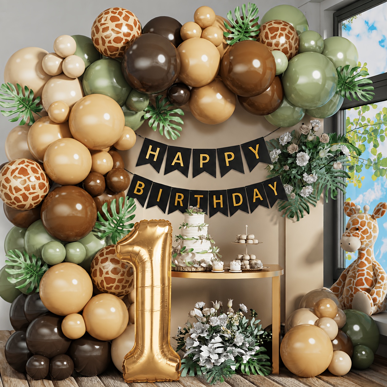 TEMU Foil Balloon Birthday Balloon Garland Kit, Avocado Green, Brown, Warm Cream, Metallic Golden And Giraffe Print Balloons With Happy Birthday