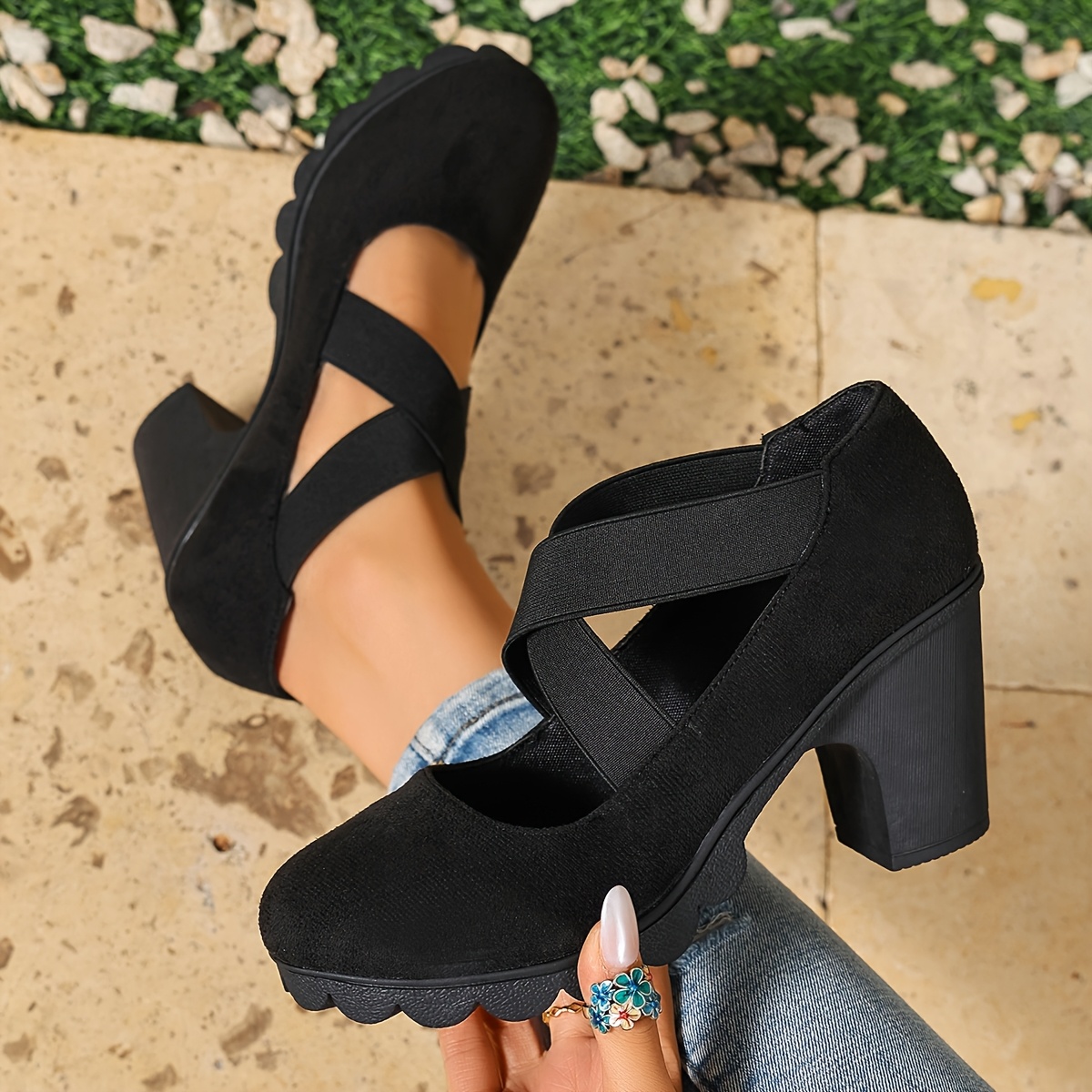 TEMU Vintage Flat Shoes With Elastic Cross Straps And Chunky Heels, Stylish And Elegant, Women Shoes