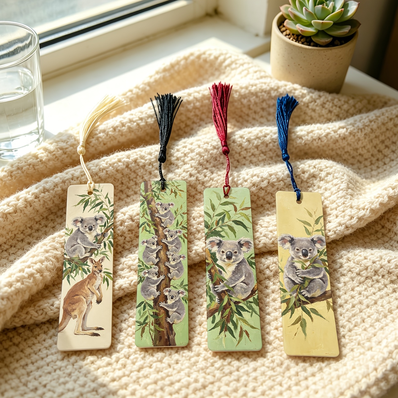 TEMU 4pcs, Australian Animals, Koala, Kangaroo, Eucalyptus, Rice, Watercolor Pattern 1.5in*5.9in 2d Printed Pu Leather Bookmarks With Tassels, Daily