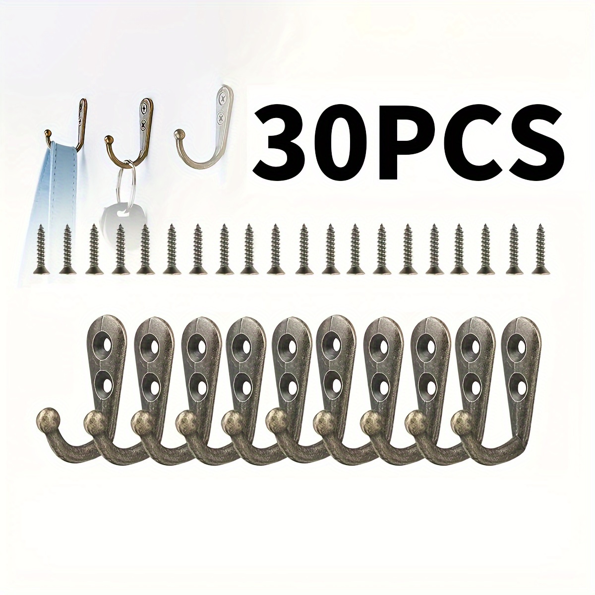 

30pcs Antique Alloy Hooks, Single Row Hooks With Screws, Mini Wall Hooks For Home Kitchen Clothes Hanging, Contemporary Style