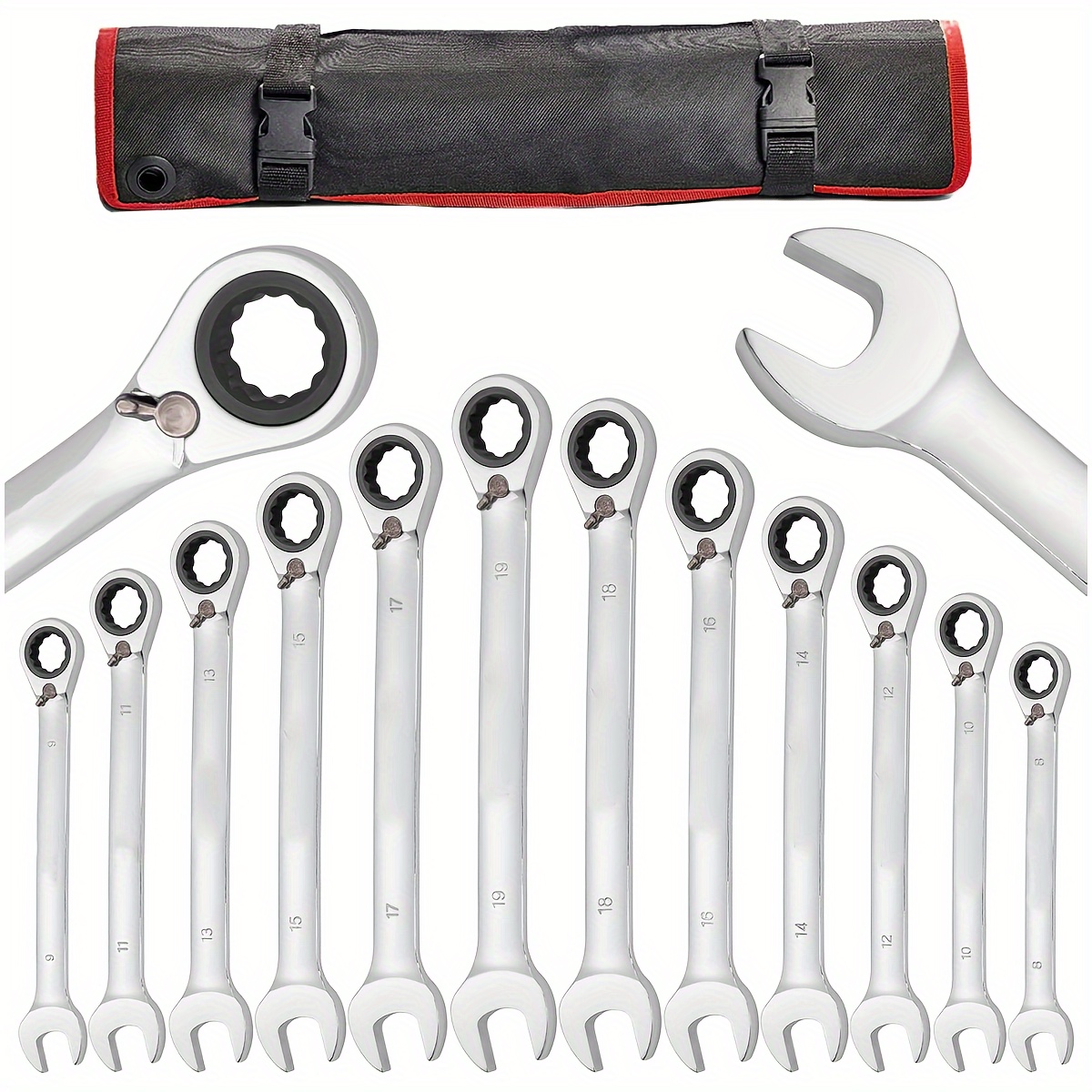 

12piece Reversible Ratcheting Combination Wrench Set, Metric, 8mm-19mm, Chrome Steel Ratchet Wrenches Set With Rolling Pouch