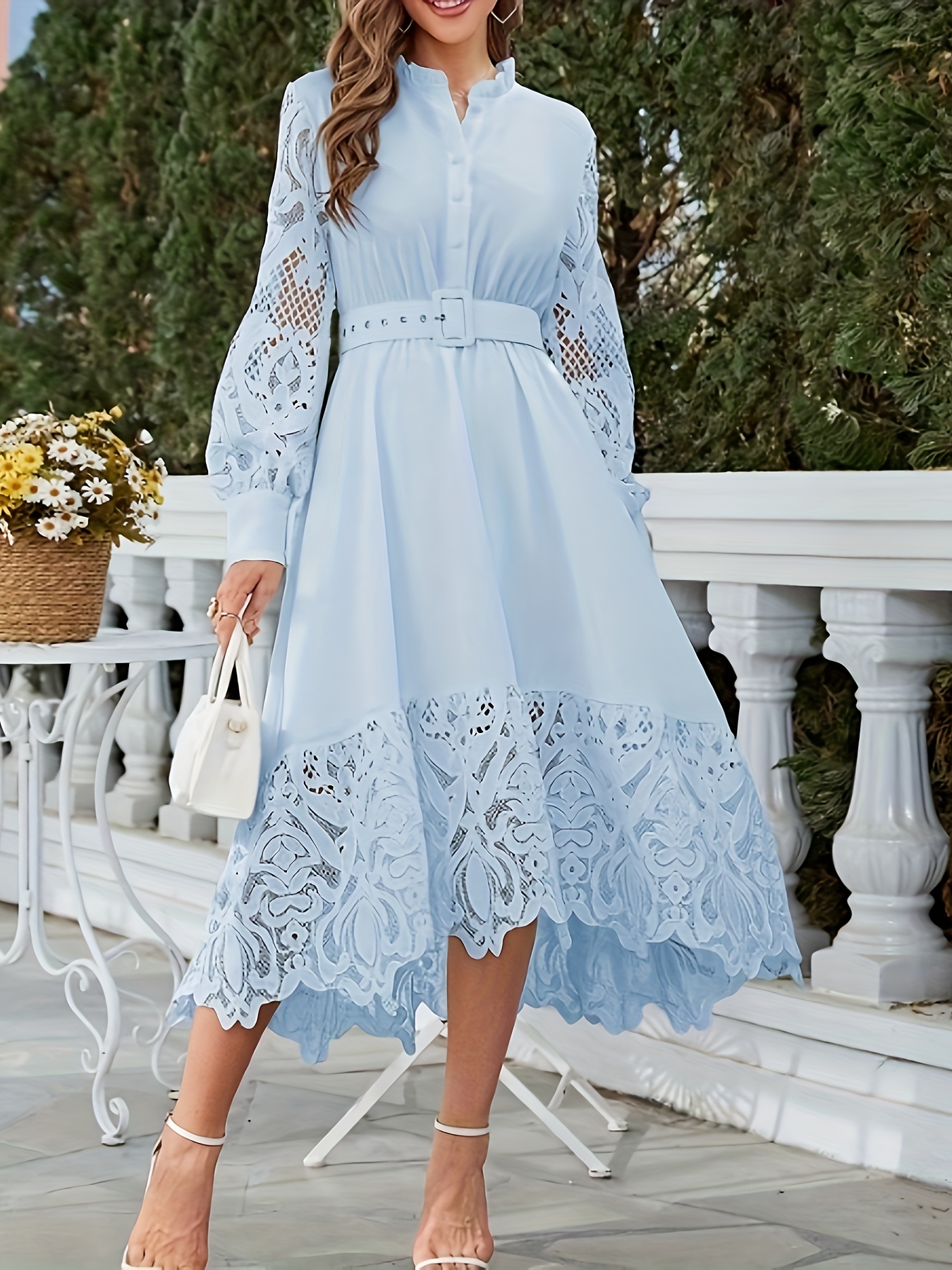 ワンピース Lace Trimmed Floral Dress powder blue M Powder Blue Lace Trim Floral Mini Dress – PinkBlush