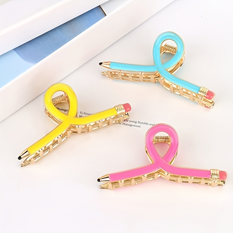 TEMU 3 Ladies' Pencil Hair Clips - , Pink, And Light Blue Metal Clips, Suitable For Thick Or Thin Hair, A Gift For Teacher's Day, Party & Christmas