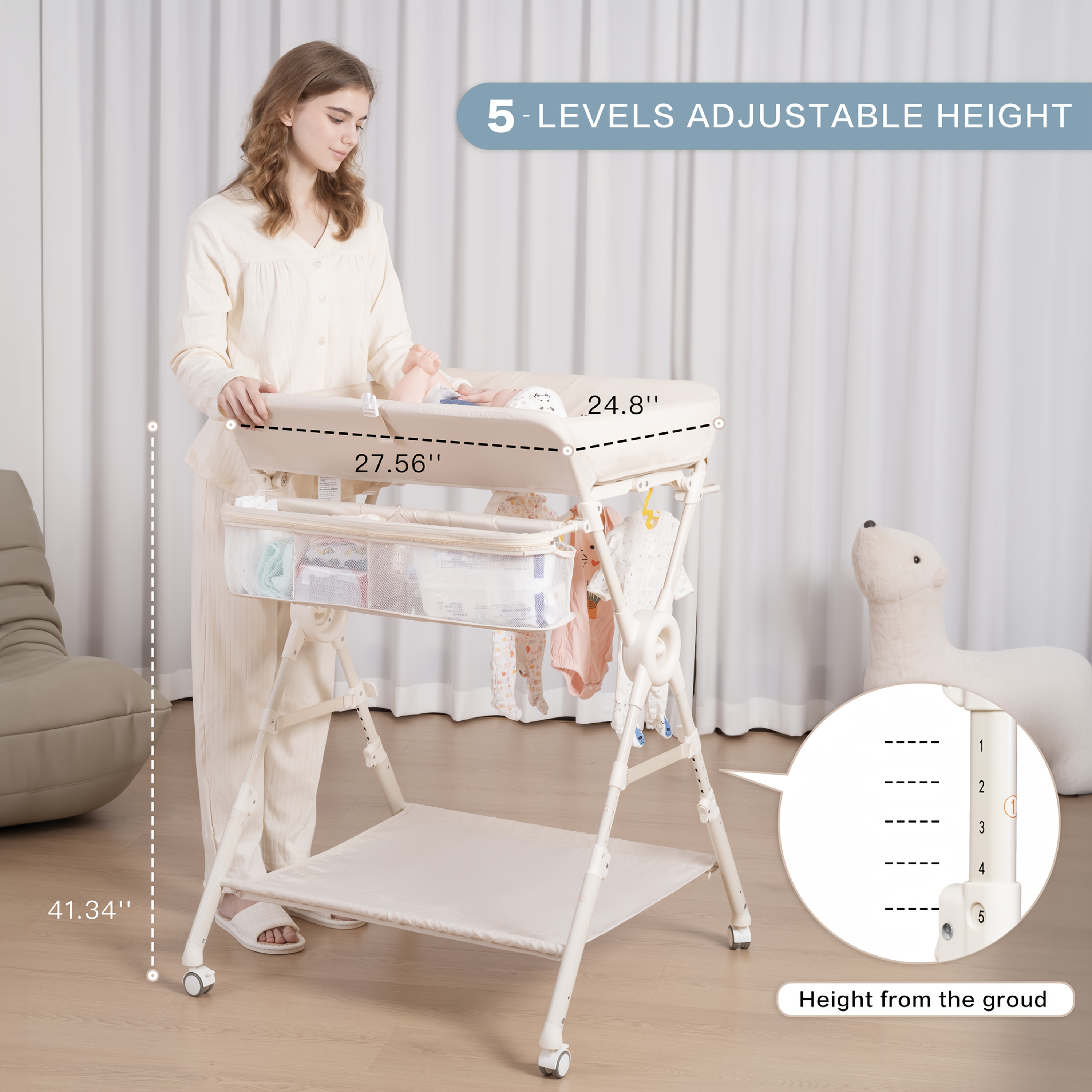 Portable Foldable Baby Changing Table with Wheels - Adjustable Height Nursery Organizer Station, Heavy-Duty Metal Foldable Diaper Changing Table with Storage Shelf, Hanging Rail & Side Basket for Nursery, Travel, for Infants &