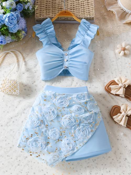 summer girls big kids ruched cami and 3d rose floral mesh irregular shorts 2pcs set for outdoor