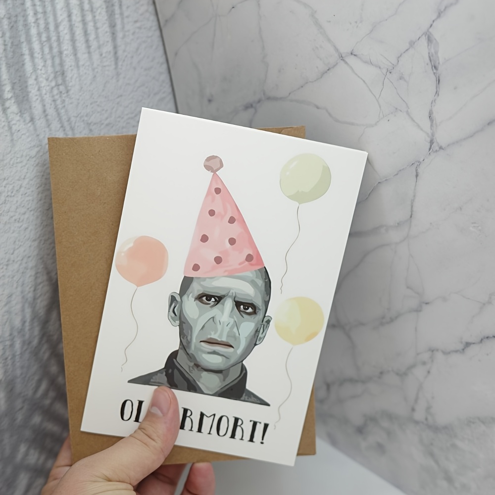 TEMU Warner Harry Potter Birthday Card, Series Villain Voldemort, Funny With No-nose Image, Cold Tone , Pink Polka Dot Party Hat, Pastel Orange And