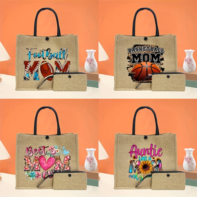 

2pcs Football Print Tote Bag Set, Mom Gift Lightweight Burlap Shopping Bag, Portable Travel Beach Bag With Makeup Bag, Rugby Game Gift