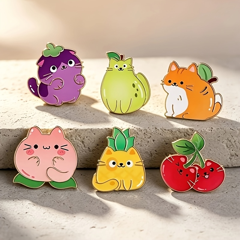 TEMU Cute Fruit Cat Cartoon Ins-style Enamel Pin Set, Bag Pin, Clothing Accessory Badge. Suitable For Various Holiday Parties. A Perfect Surprise