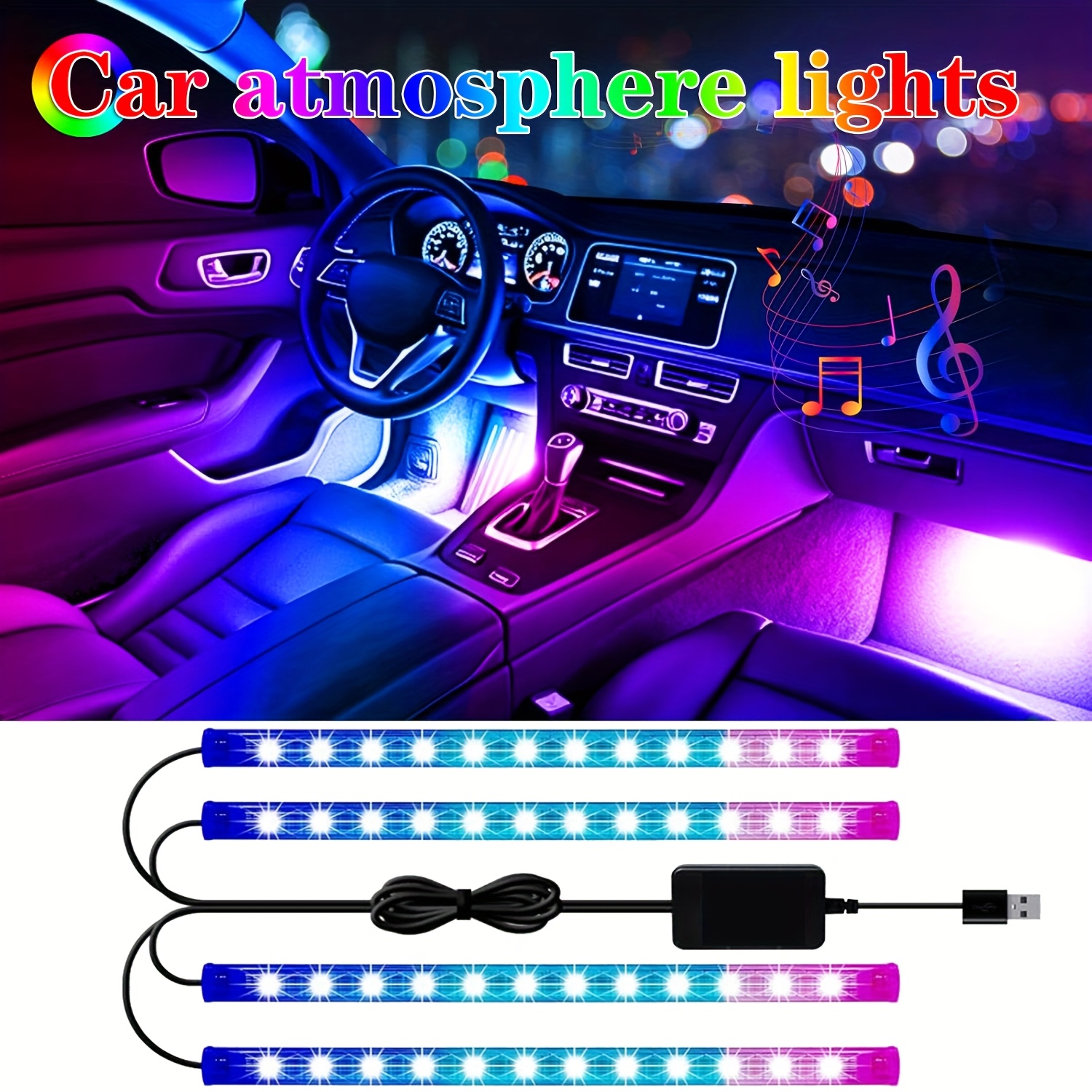 TEMU 4 pièces Lampe intérieure de voiture, lampe LED colorée à musical USB, accessoires uniques pour voiture, lumière haute luminosité pour SUV ATV