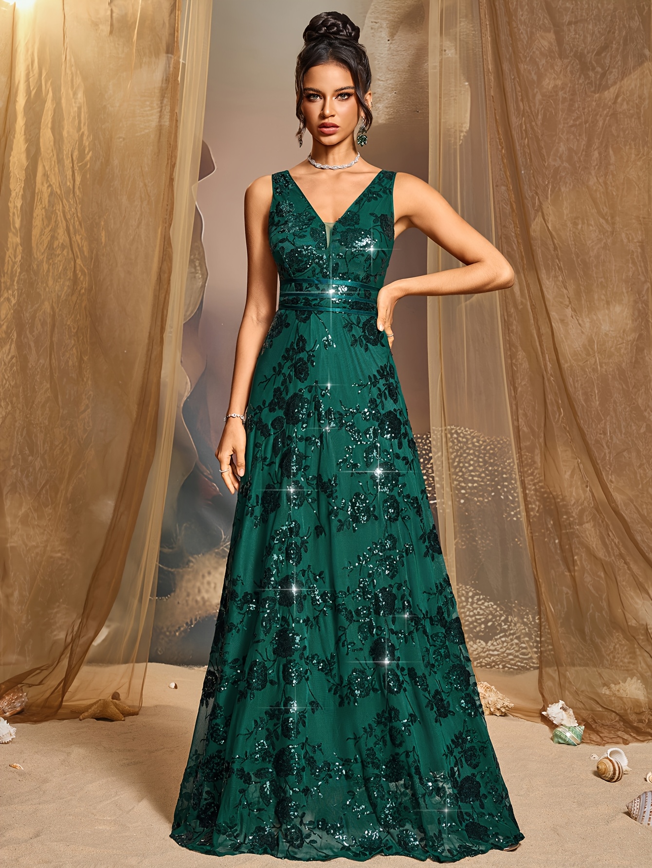 a new stylish dark green elegant sequin dress women - Temu
