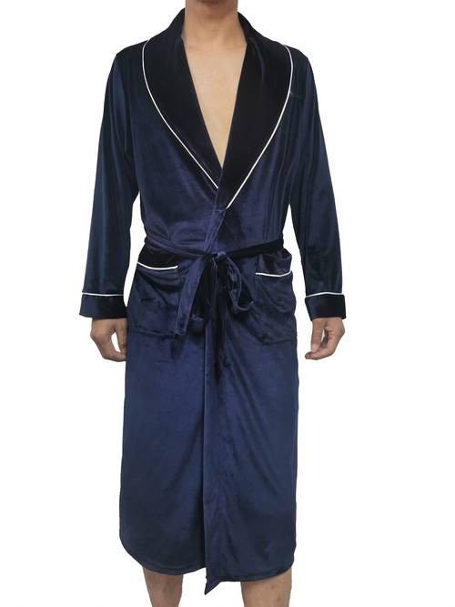 mens long robe sleepwear soft velvet loungewear with belt pockets and for casual wear smooth textur