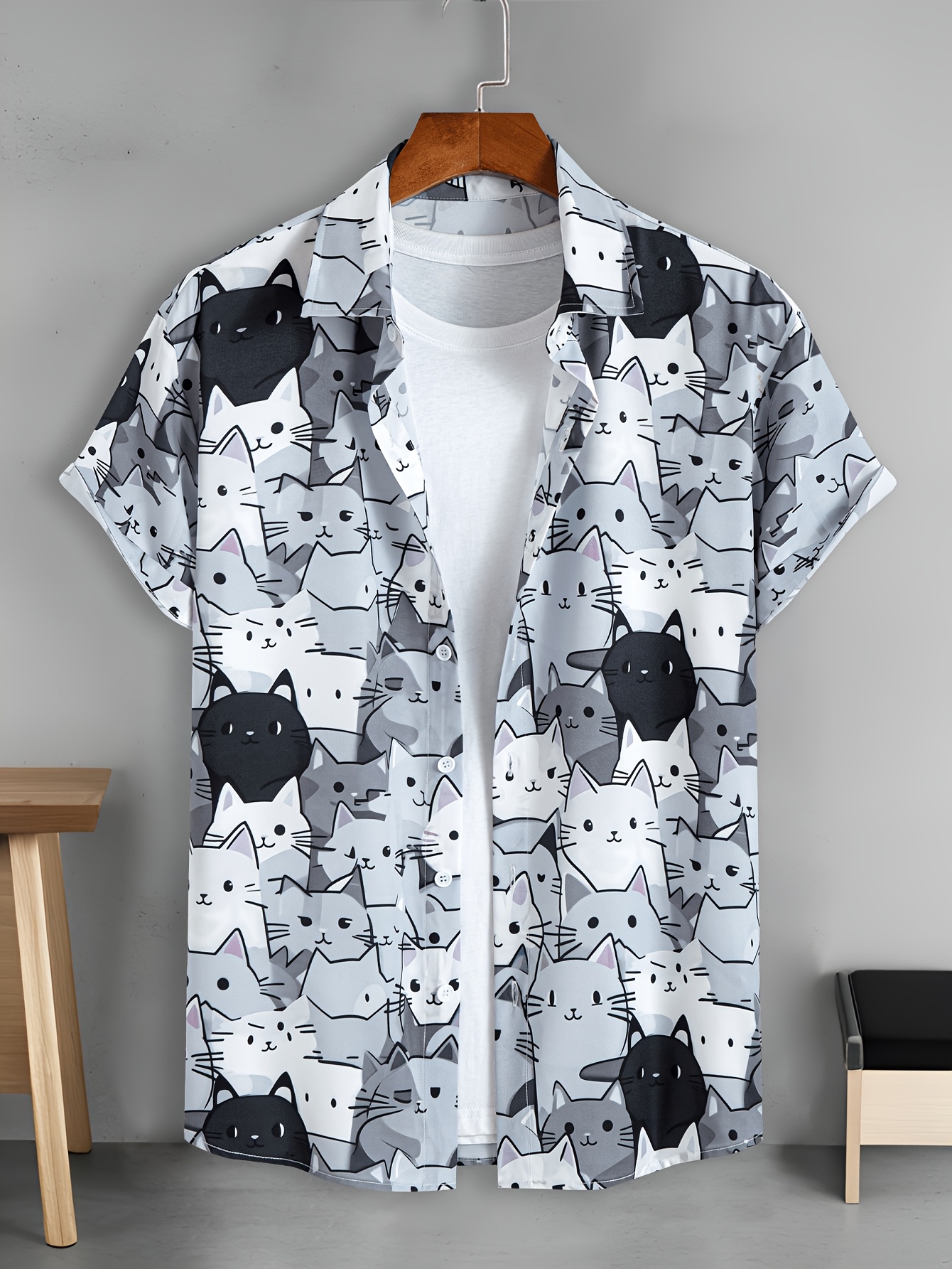 Printed Shirt Mens Cat Shirt Button Up Cool Cat Printed Short Sleeve Men's Shirt