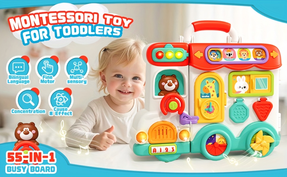 54 in 1 musical busy board toy with 54 interactive sensory toys in one bilingual 1 3 year old boys 1 year old learning gifts Product details 0