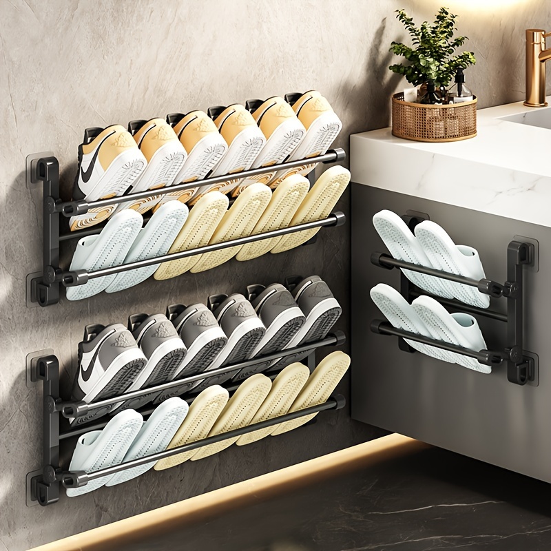 

1pc Easy-install Wall-mounted Slipper Rack - Space-saving Foldable Shoe Organizer, Non-drilled, With Metal Tube For Stability, Ideal For Bathroom & Living Room, Shoe Storage Organizer