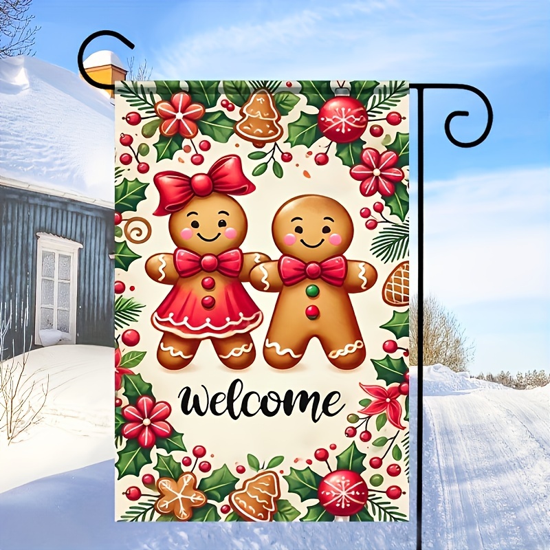 

1pc Double-sided Gingerbread Couple Welcome Garden Flag - Pole Not Included, Durable Polyester Seasonal Christmas & Holiday Decoration For Yard, Lawn, Farmhouse, Manual Display Without Electricity