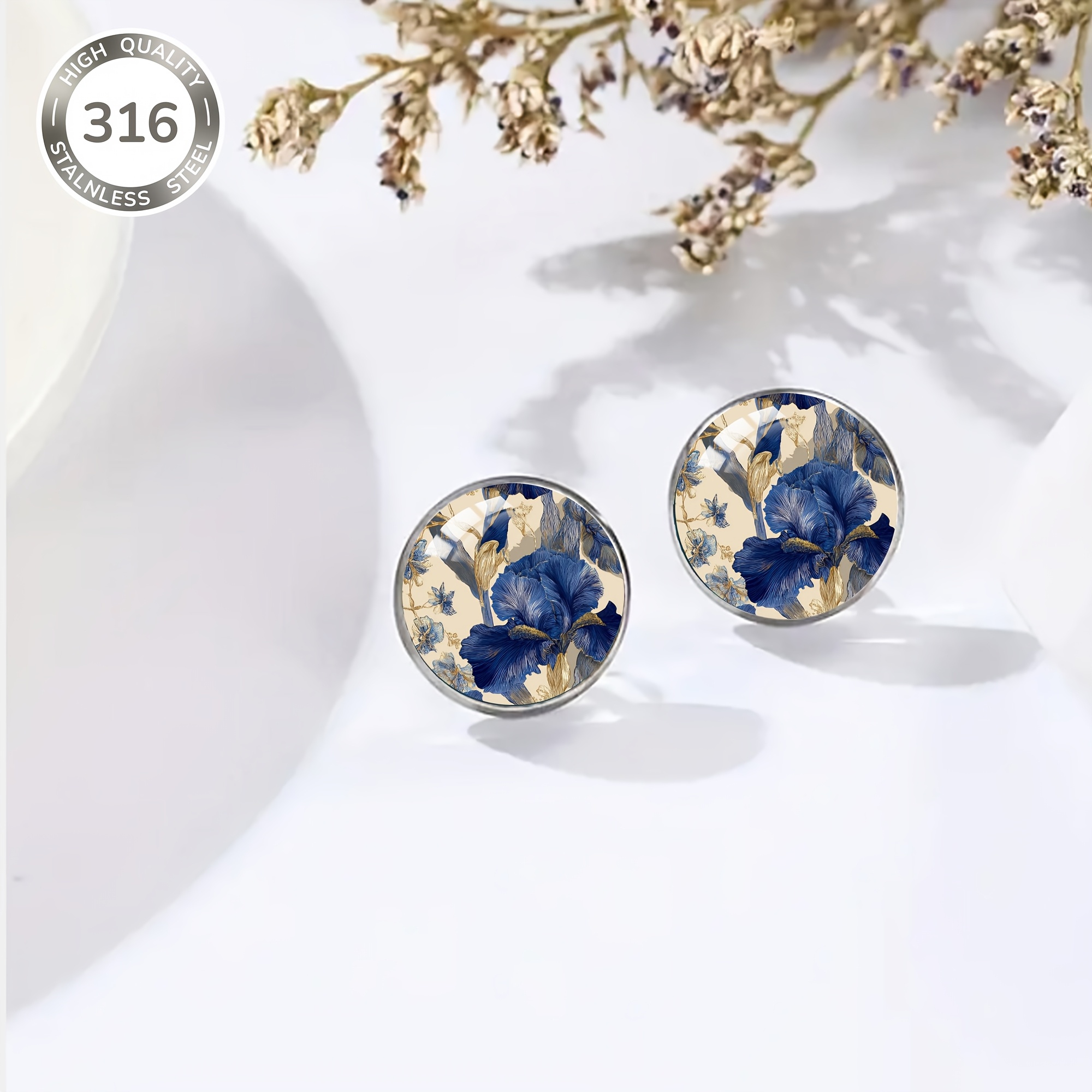 Men's Blue & Golden Iris Pattern Stainless Steel Earrings