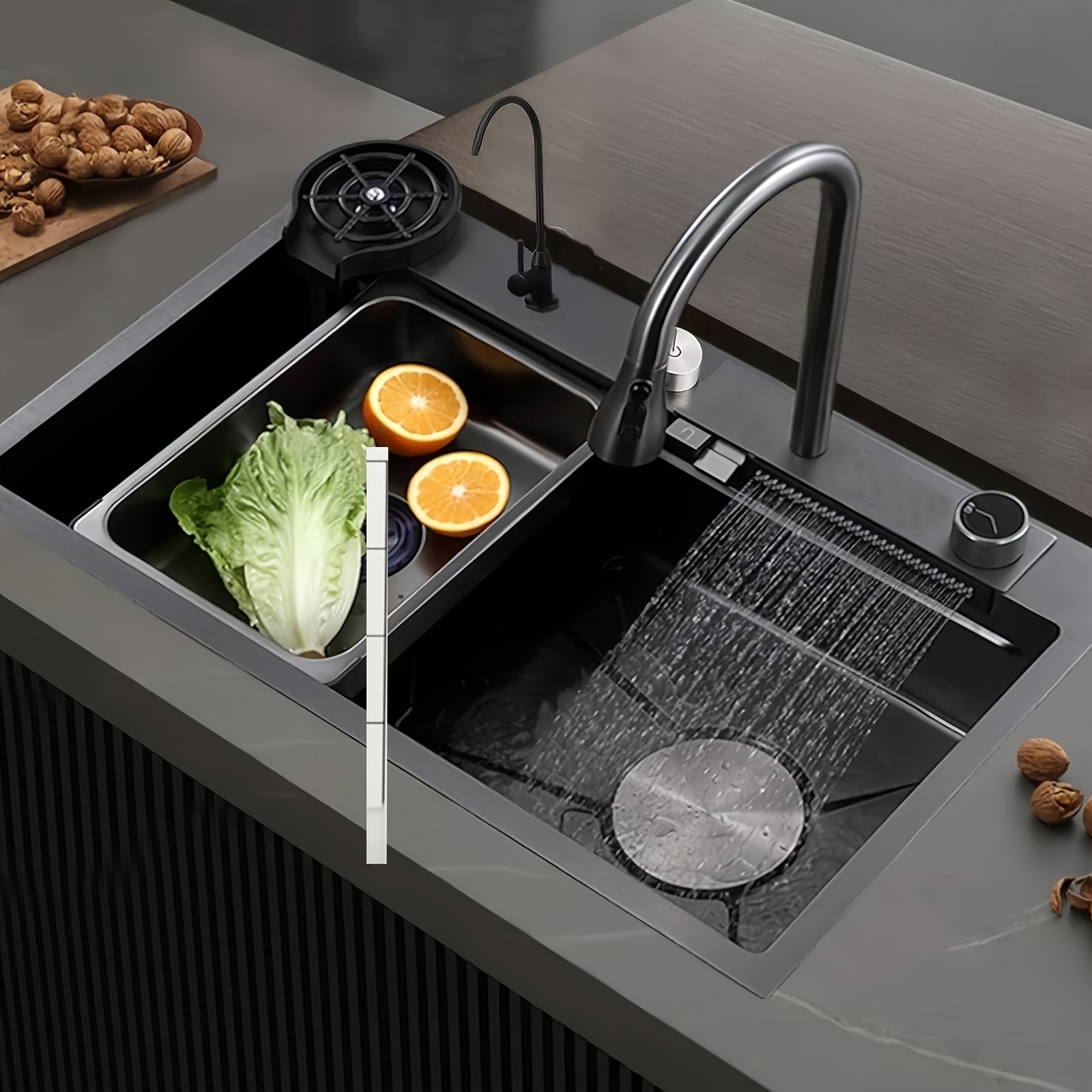 E-shop Spüle, Schwarz, 68 x , Edelstahl Küchenspüle, Eingebaute Spüle, Küchenspüle mit Ausziehbarem Wasserhahn und Wasserfilterhahn, Tassenabtropfer,