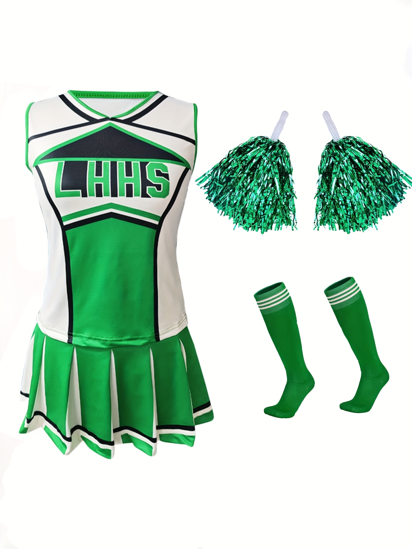 Ladies Sexy Green Varsity High Cheer Uniform – Women'* Party Halloween  Fancy Dress Costume with Pom Poms and Socks *ol Uniform, Retro