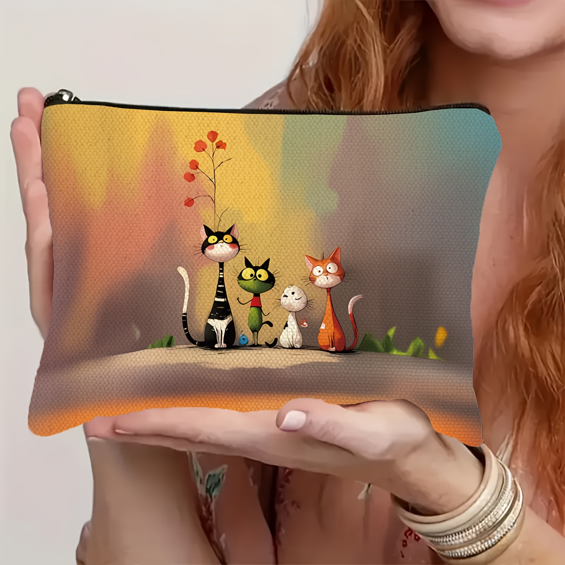 TEMU Cat Cartoon Print Makeup Bag, Double Sided Print Portable Pouch With Zipper Closure, Cosmetic And Toiletry Organizer, Birthday, Thanksgiving, , And Christmas Gift For Cat-loving Sisters, Moms,