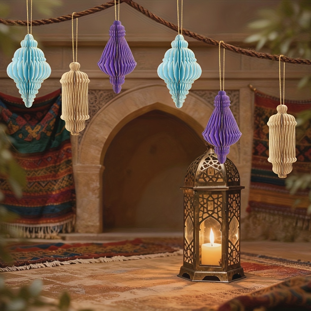 Image of 6pcs Mubarak Honeycomb Glitter Edge Honeycomb Ornaments Mini Hanging Paper Lanterns Islam Festival Party Decorations