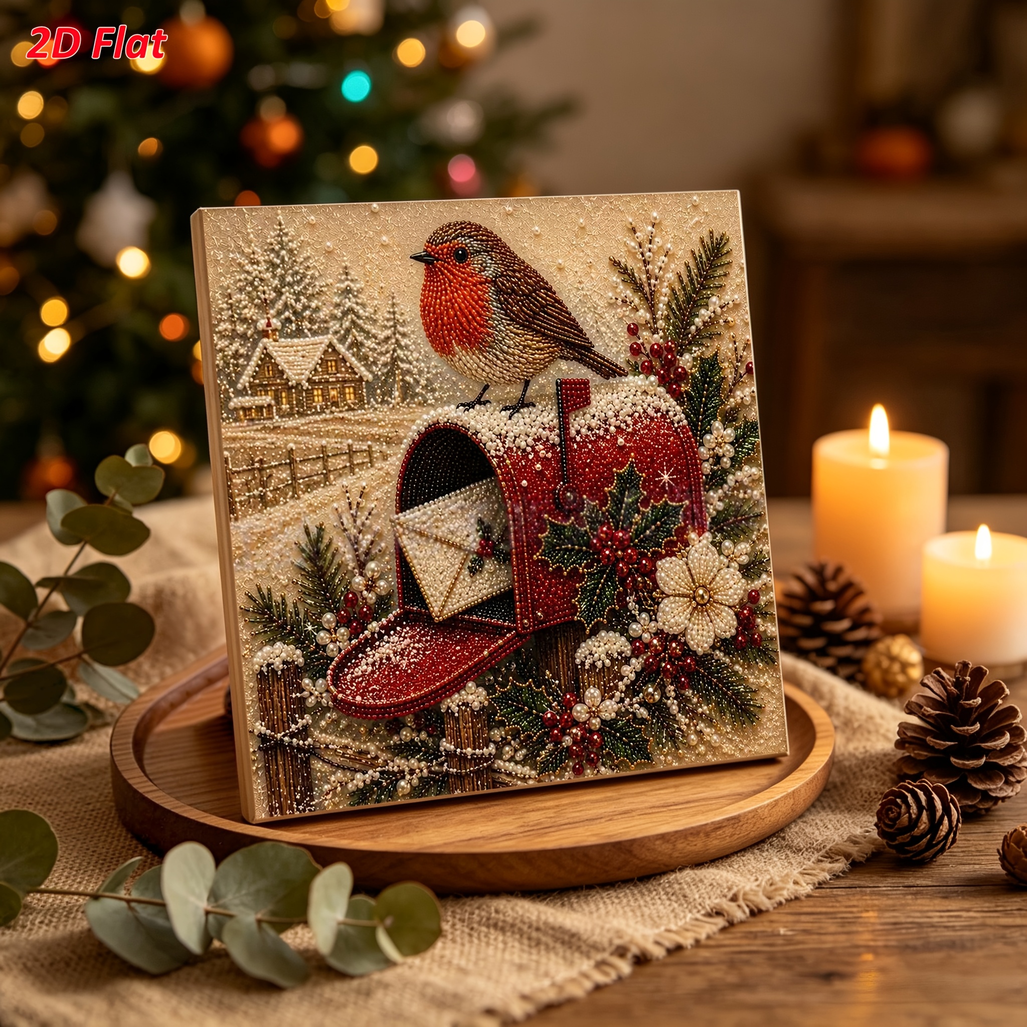 TEMU 2d Flat Diy Frameless Pearl Diamond Painting Kit, Christmas Robin Mailbox Theme, , Pre-printed Canvas, Easy Stress-relief Craft For Beginners,
