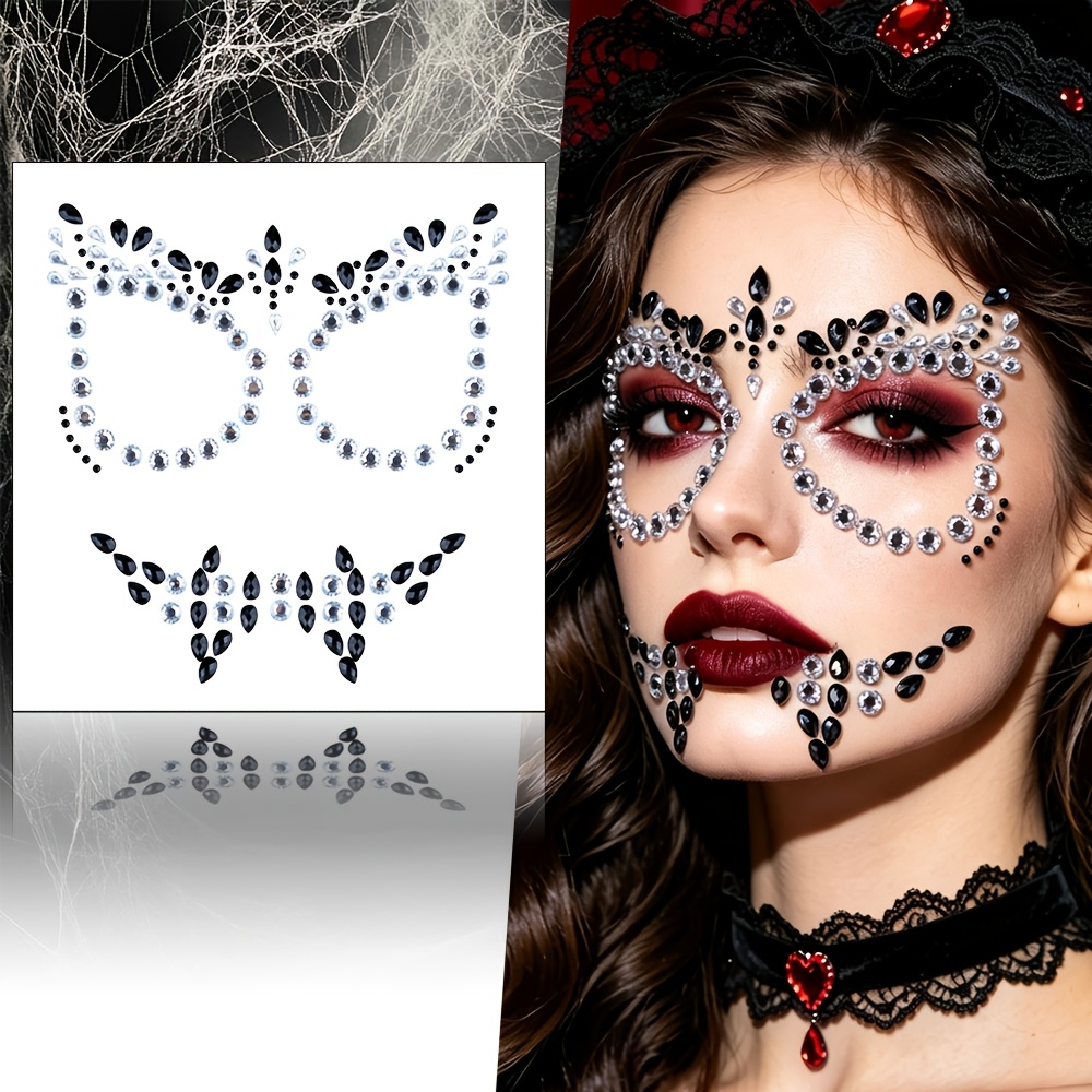 Image of Black-white Face Gems Rhinestone, Film Cosplay Stage Makeup Face Jewels Crystals Sticker, Rave Festival Music Party Makeup Halloween Festival Party Decorations Diy Masquerade Facial