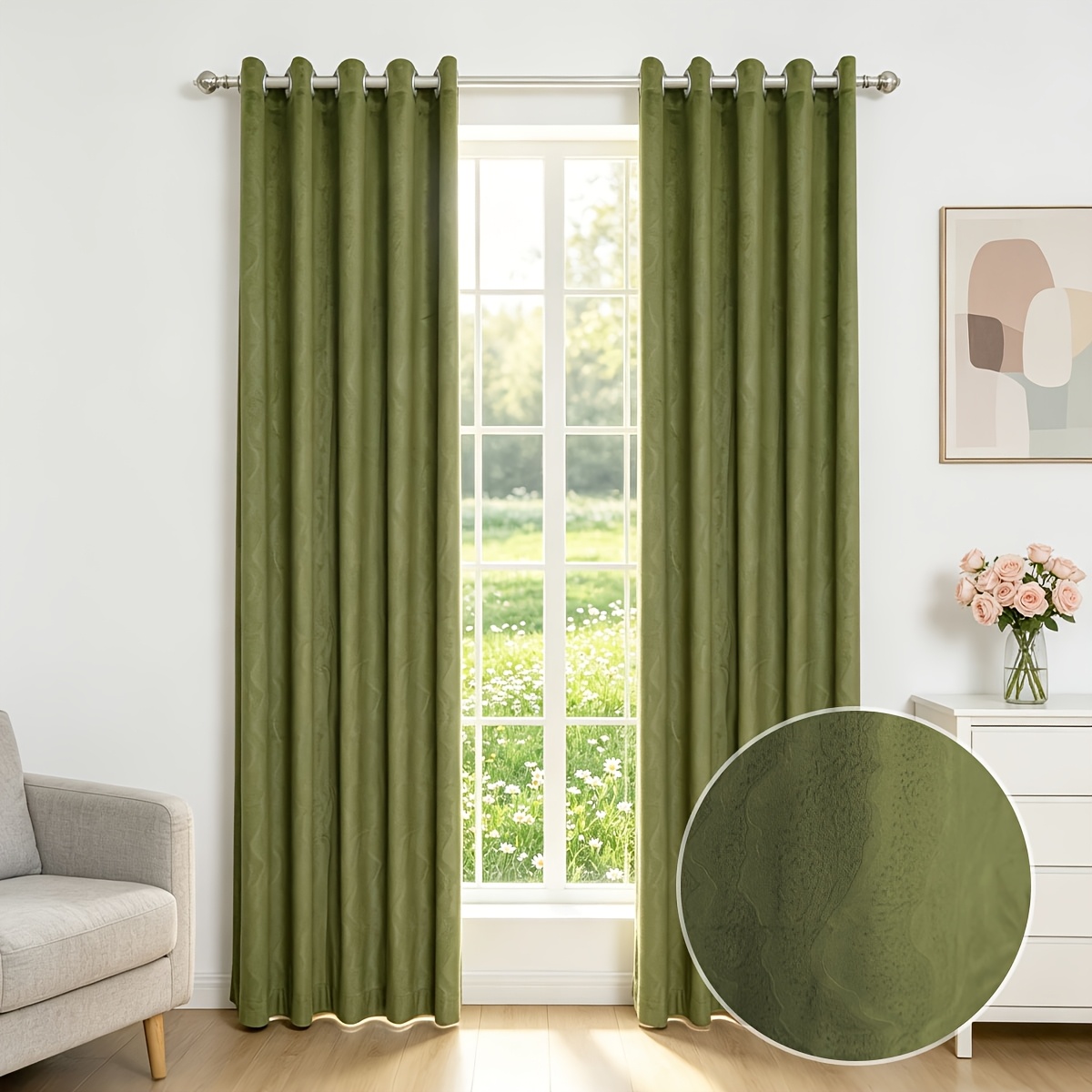 TEMU 2pcs Olive Green Textured Embossed Blackout Curtains, Perforated Smooth Silent Drape With Good Soundproofing And Thermal Insulation, Use For