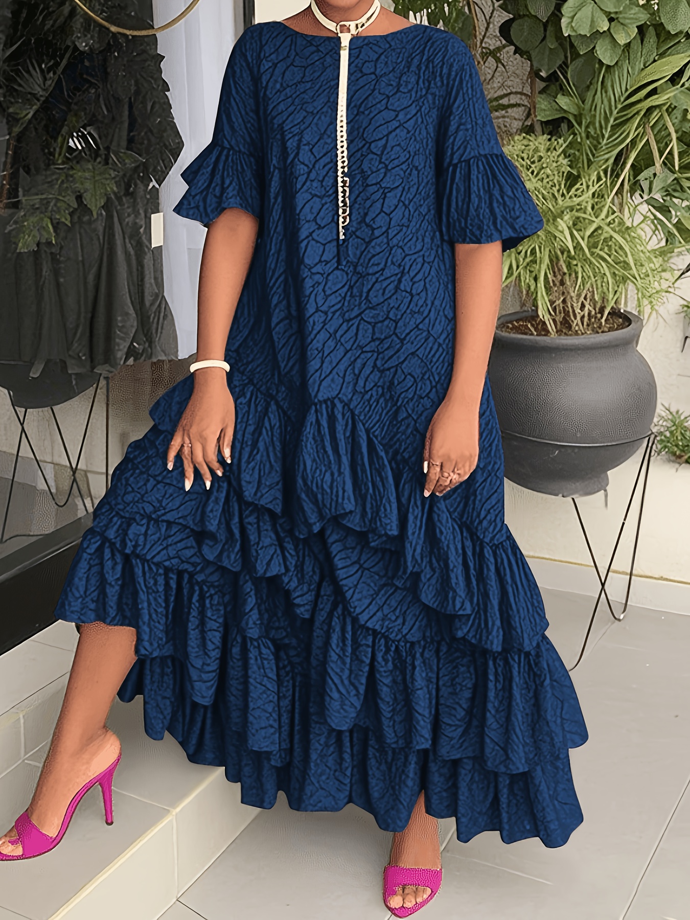 Plus Size - Plus Size - Women'S Summer Clothing Plus Size Collar Short  Sleeved * Ruffle Edge Cake Long Skirt Round Neck Loose Texture Loose Dress  Covering * And Vacation Skirt