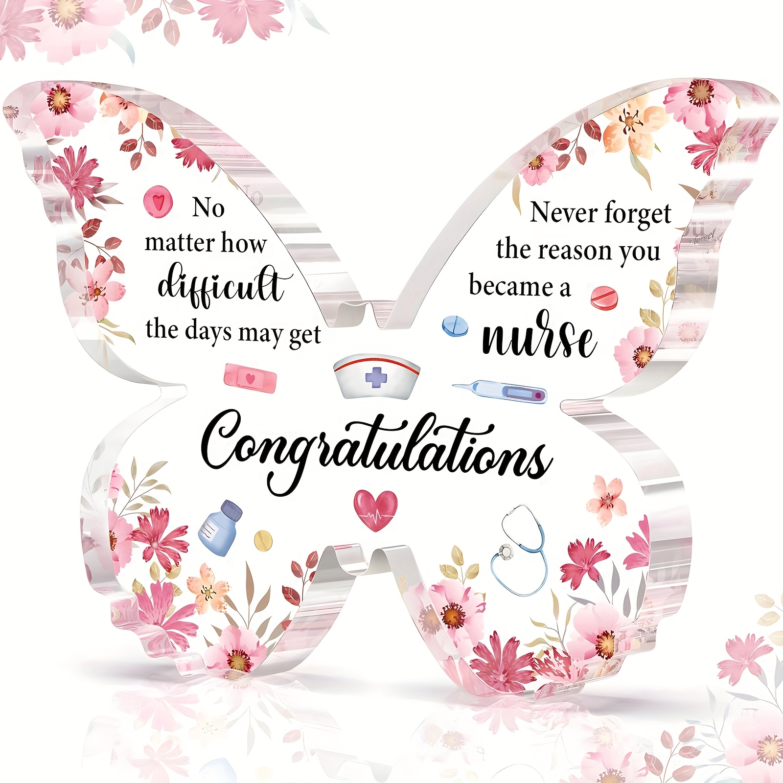 TEMU 2d Flat, 1pc Elegant Pink Acrylic Plaque - Floral Nursing Graduation Gift For Women Nurses & Students, Inspirational Desktop Decor With Medical