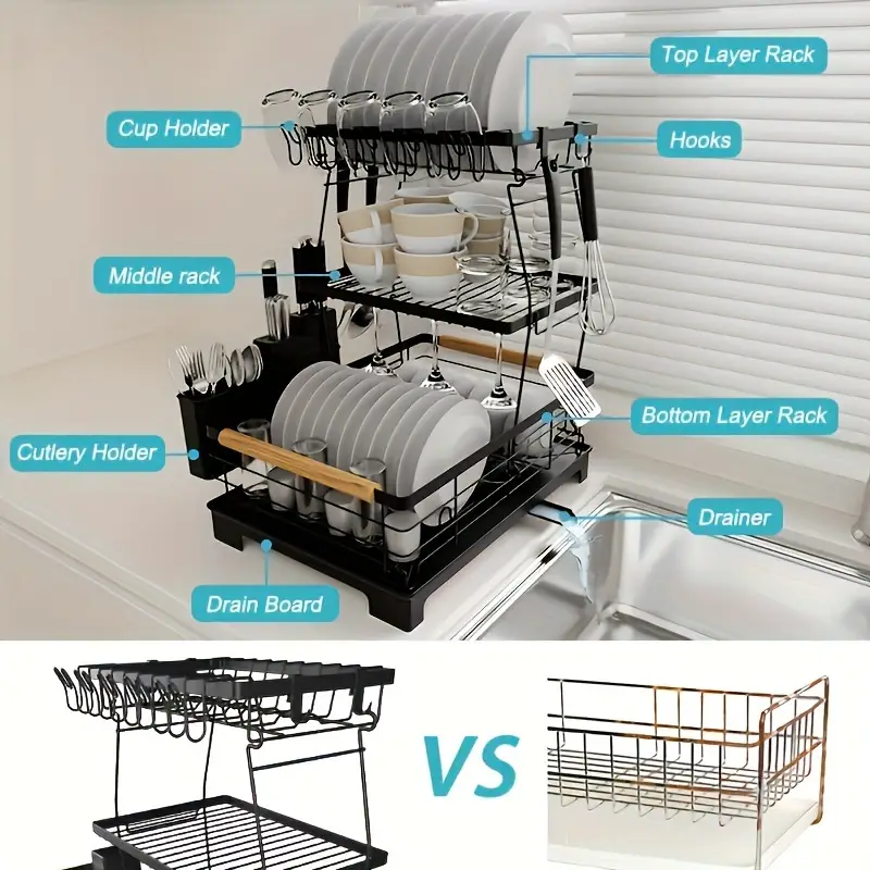 2 3 tier large dish drying rack with heavy duty iron kitchen organizer for dishes utensils cups knives space saving countertop storage with lower compartment Product details 3